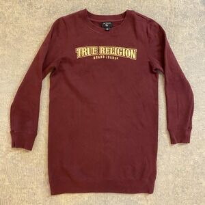 True Religion Sweater Dress Womens Large Red Logo Fleece Long Sleeve Pullover